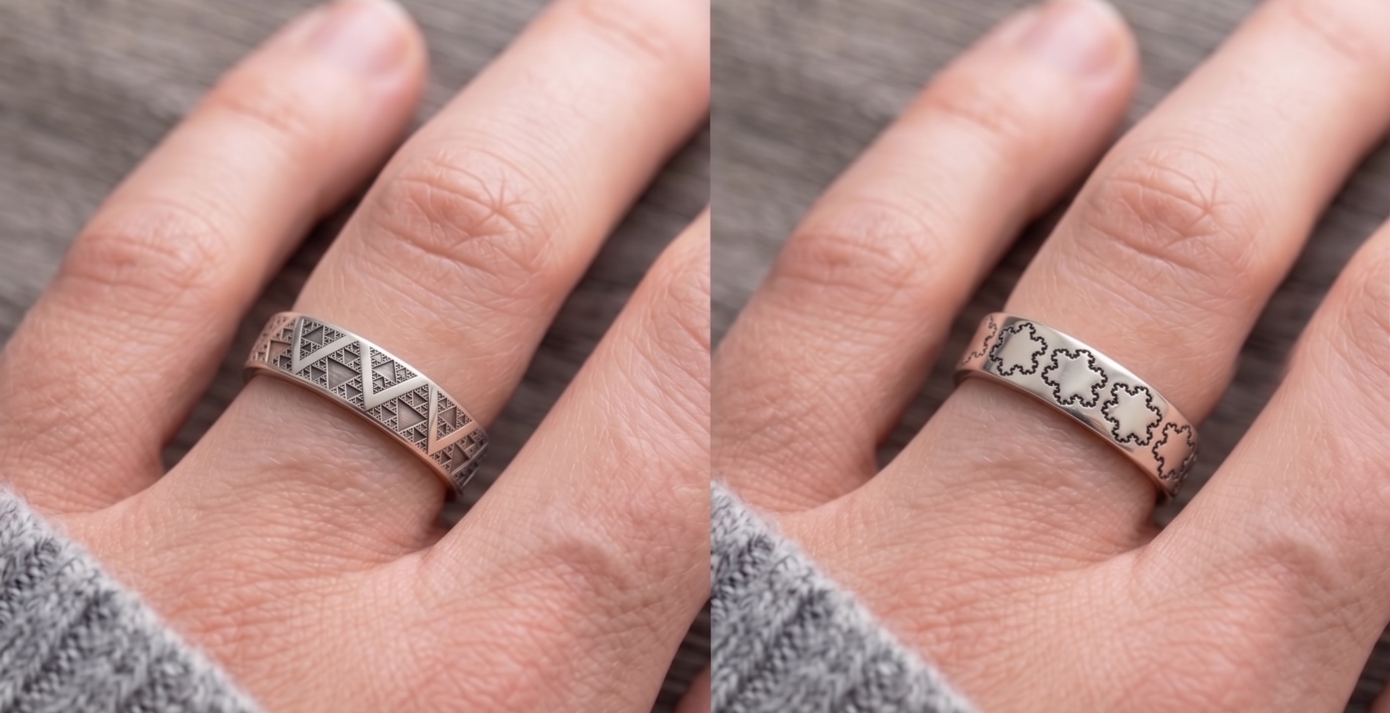 Concept rendering of two UnSteadyRing rings, showing polished metal bands with optimized fractal etchings