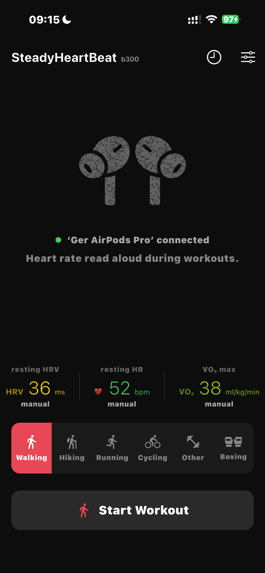 SteadyHeartBeat home screen with readiness snapshot and workout selector