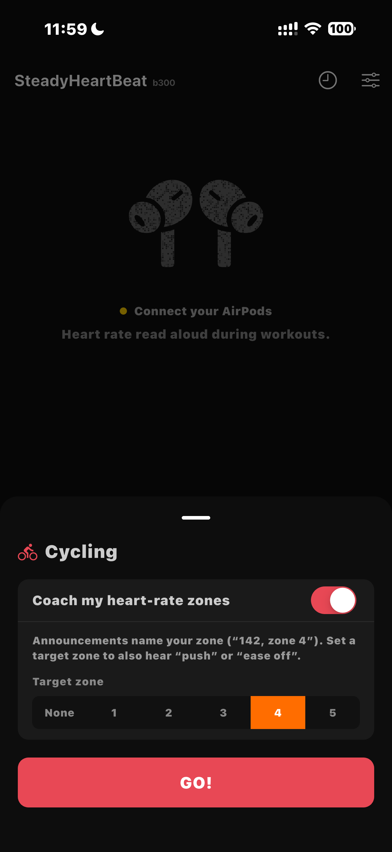 Cycling with a target heart-rate zone selected