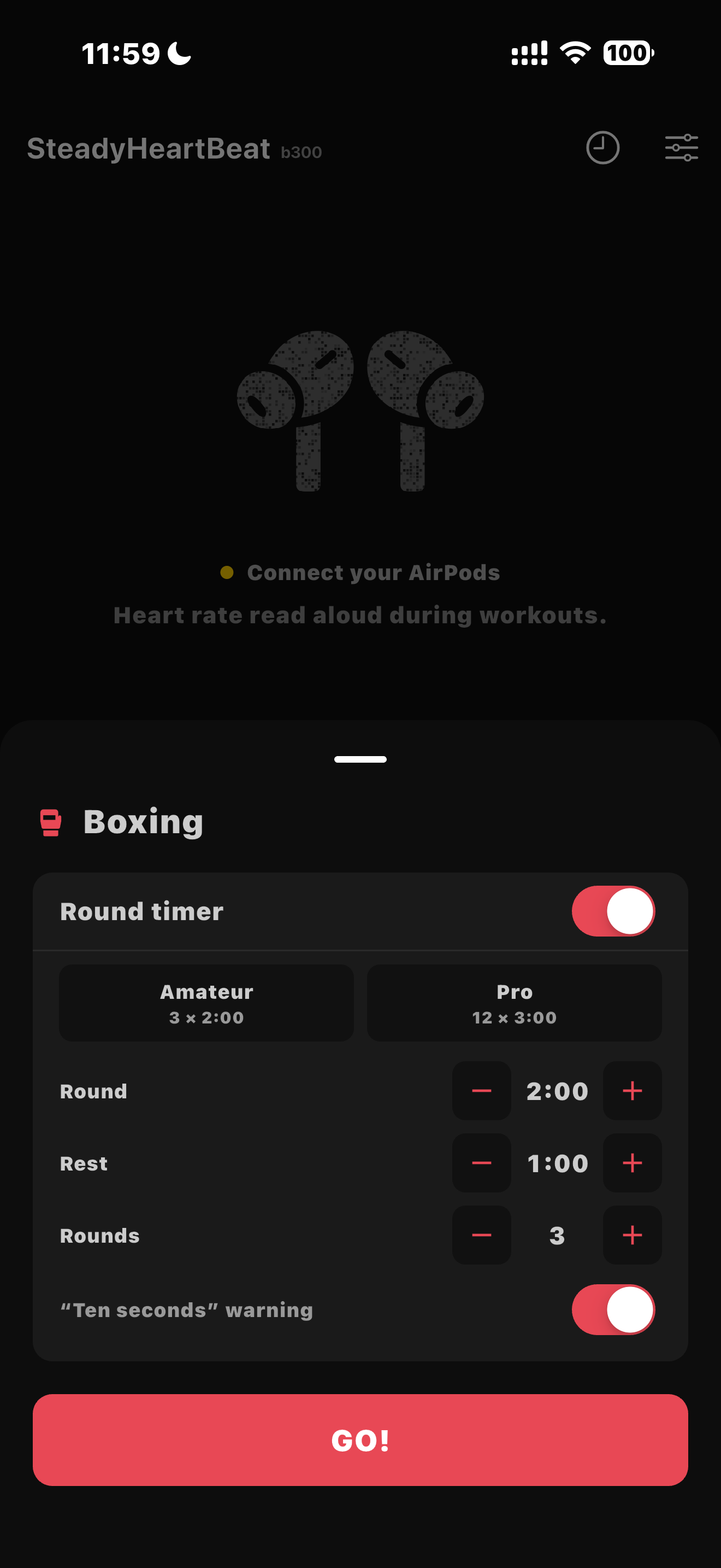 Boxing round timer with presets, rounds, rest, and ten-second warning