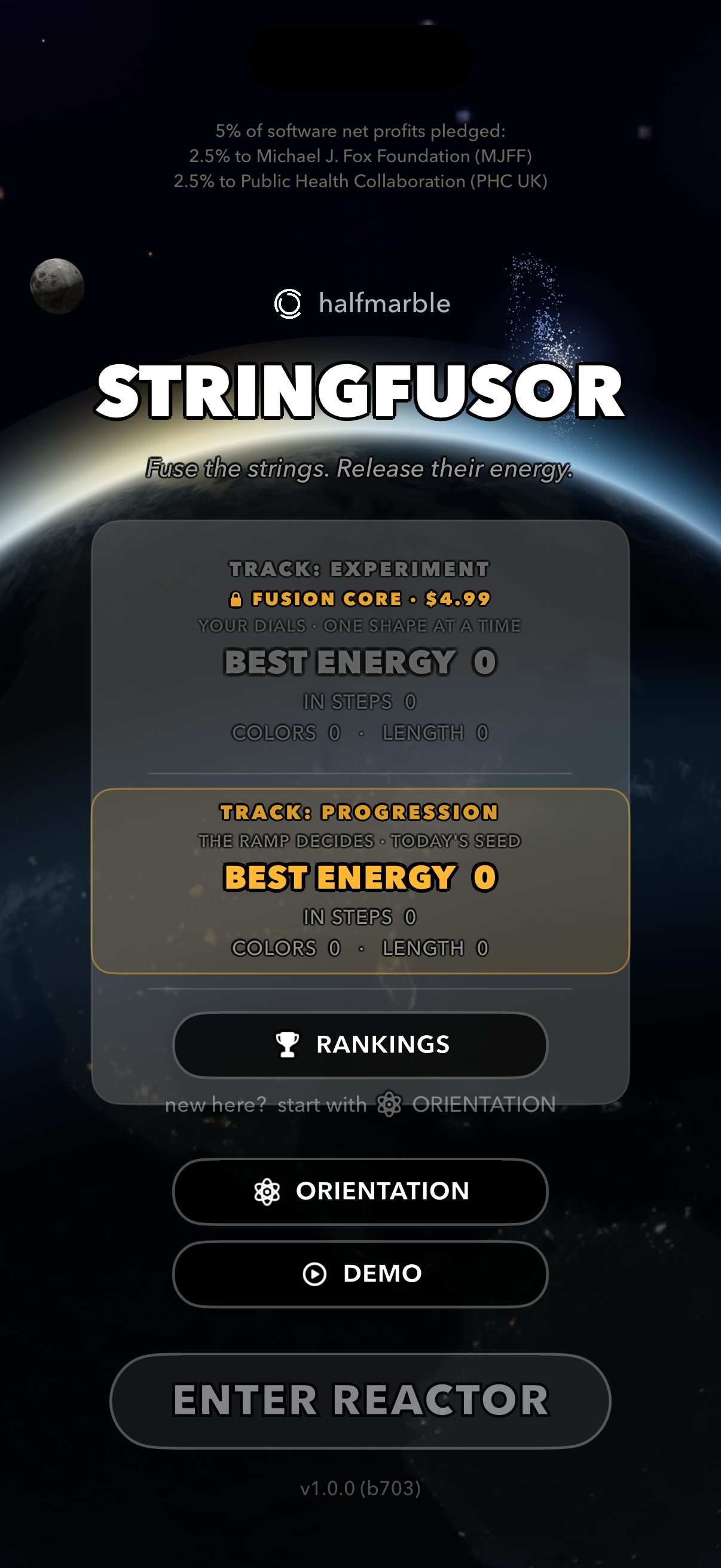 StringFusor — the landing screen over a sunrise Earth, with the two game tracks